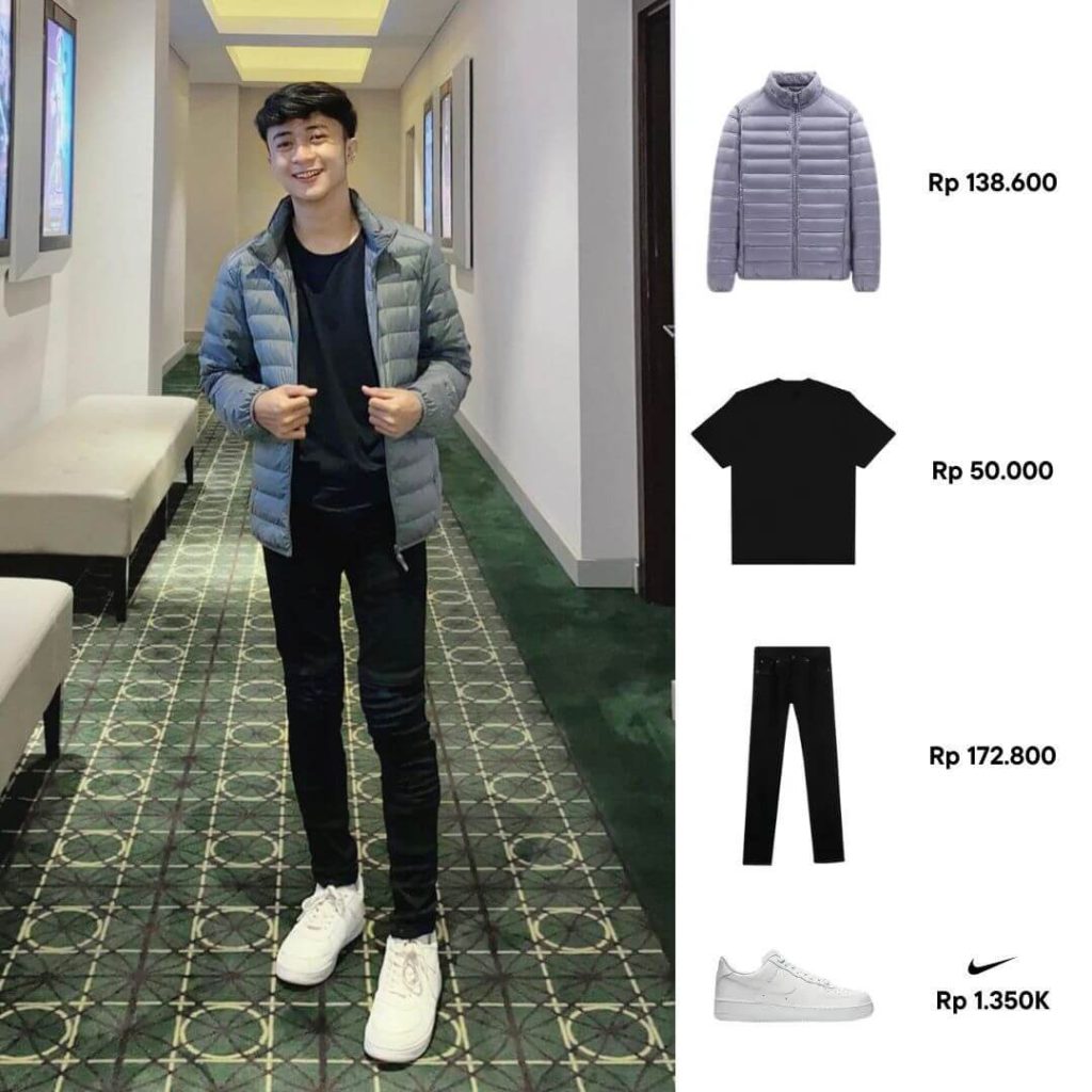 Jaket Puffer Abu, Kaos Hitam, Celana Jeans Hitam, Sneakers Putih (1)