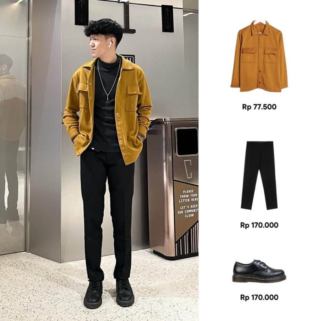 Jaket Shacket Mustard, Celana Hitam, Sepatu Formal 3 Hole Hitam