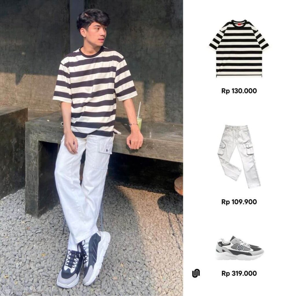 Kaos Belang Stripe Hitam Putih, Celana Cargo Putih, Sneakers Abu