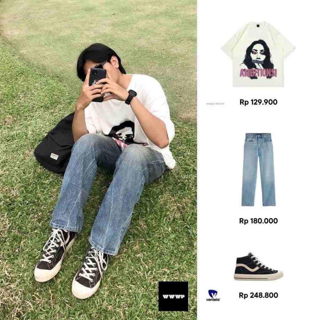 Kaos Oversize Celana Jeans Sneaker High Top Hitam Putih