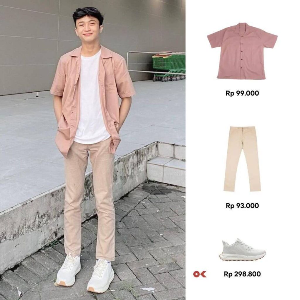 Kemeja Dusty Rose, Celana Chino Putih, Sneakers Putih