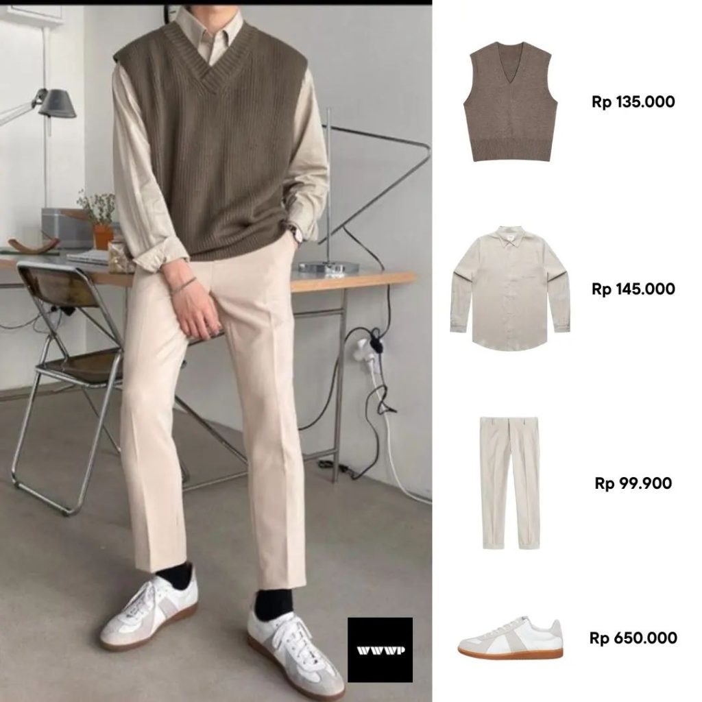 Rompi Rajut Kemeja Panjang Ankle Pants Sneakers Putih