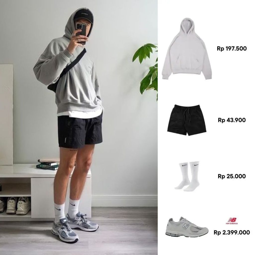 Hoodie Abu Celana Pendek Hitam Kaos Kaki Putih Sneakers Abu
