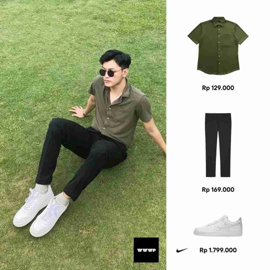 Kemeja Pendek Hijau Arn Celana Ankle Pants Hitam Sneakers Putih