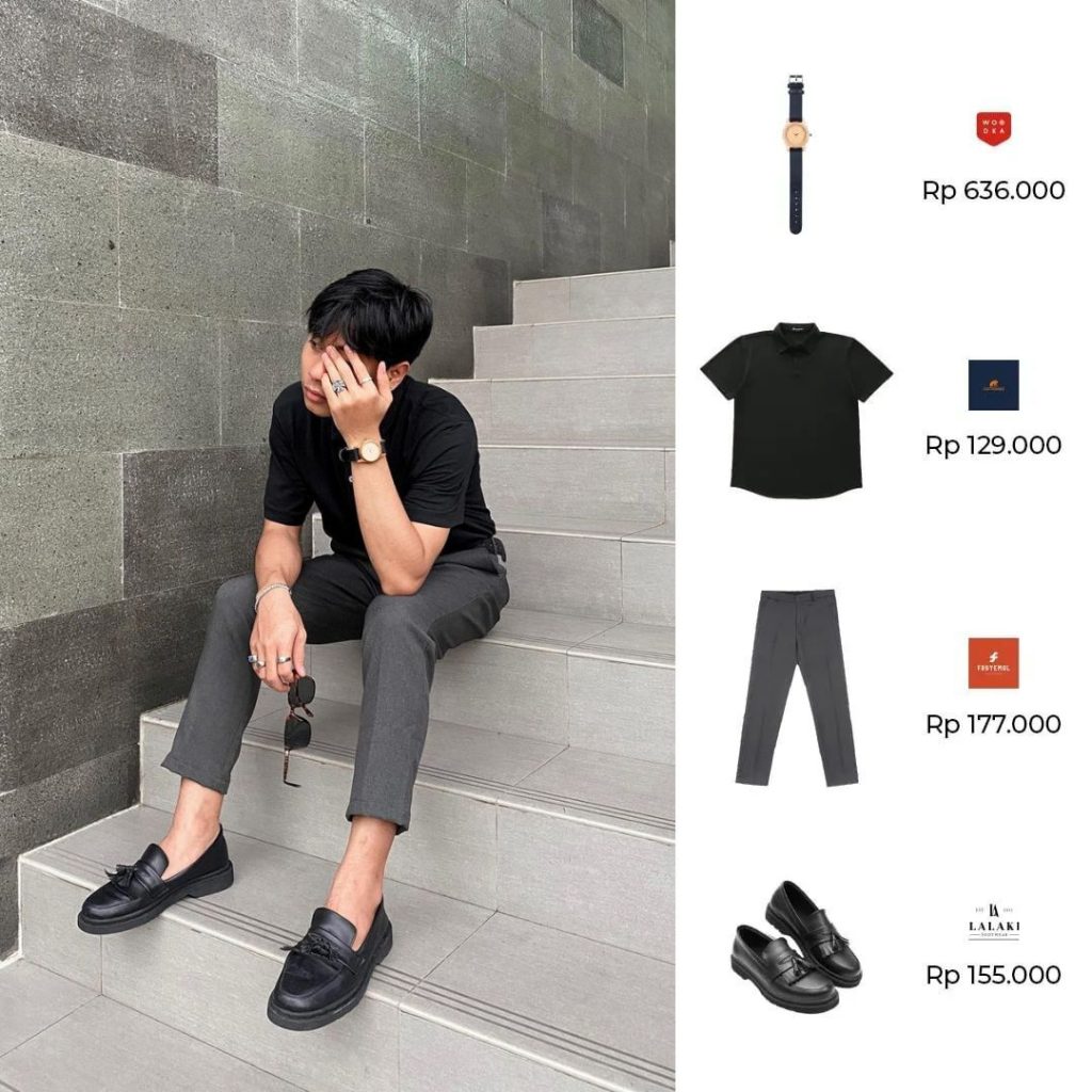 Polo Hitam Celana Abu Sepatu Loafers Hitam